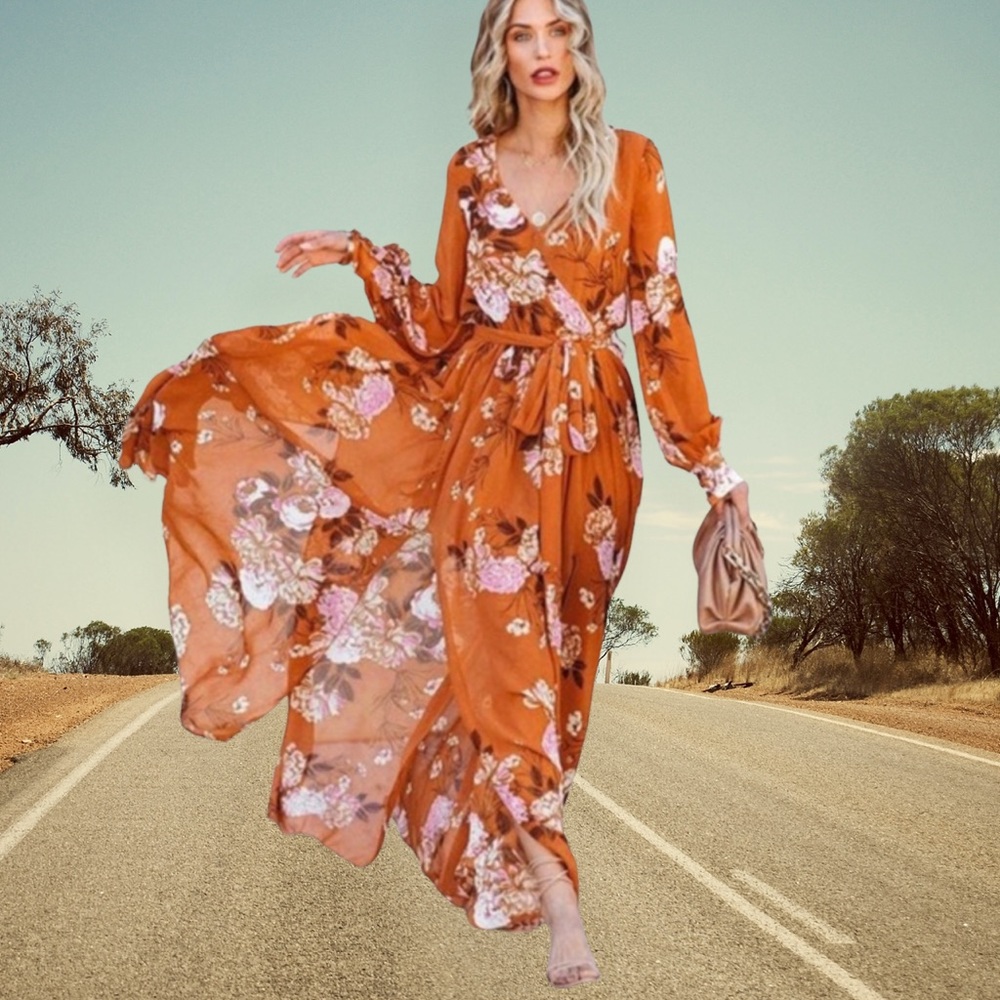 Floral Print Lace-up Ruffled V Neck Maxi Dress with A Slit